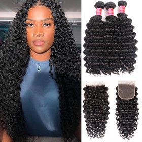 Deep Wave Virgin Hair Weave 3 Bundles With Lace Closure Nadula Soft Unprocessed Virgin Human Hair