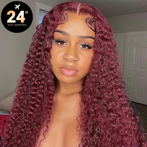 Nadula Clearance Sale 99J Colored Curly T Part Wig Burgundy Middle Part Lace Wigs For Women