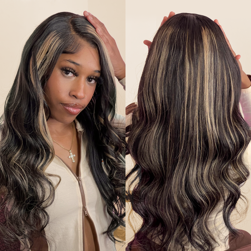 Bye Bye Knots Wig 2.0™ | Nadula 3D Body Wave 7x5 And 13x4 Black With Blonde Highlights Put on and Go Glueless Lace Wig