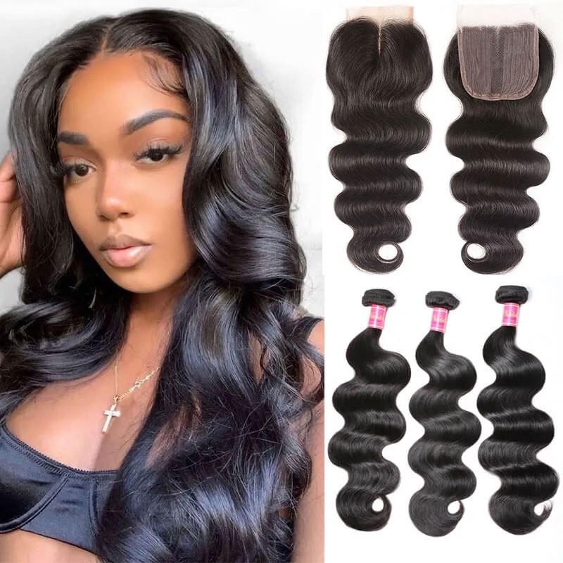 Nadula Middle Part Body Wave Closure with 3 Bundles Hair Weave 100