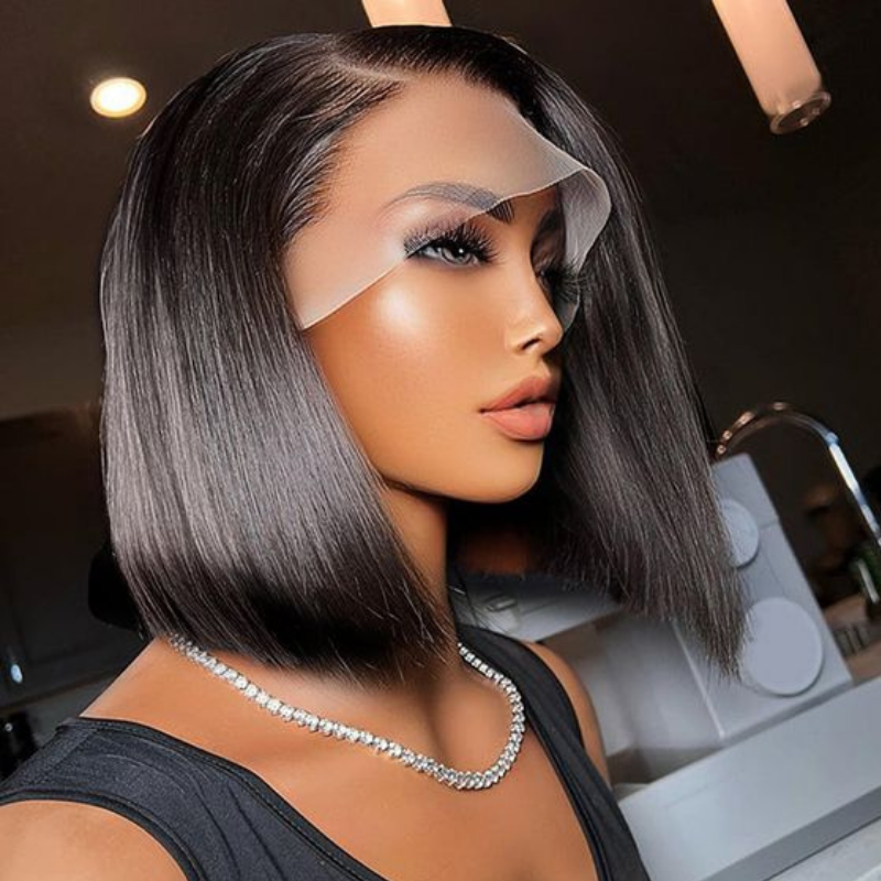 Nadula Short Human Hair Bob Lace Front Wig With Bangs For Black