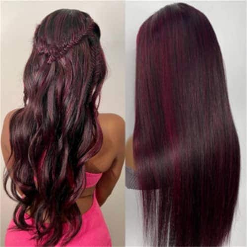 Dark Burgundy With Rose Red Highlights Wig
