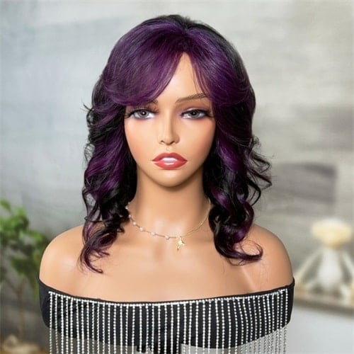 Purple Stripe Highlight Wig With Bangs