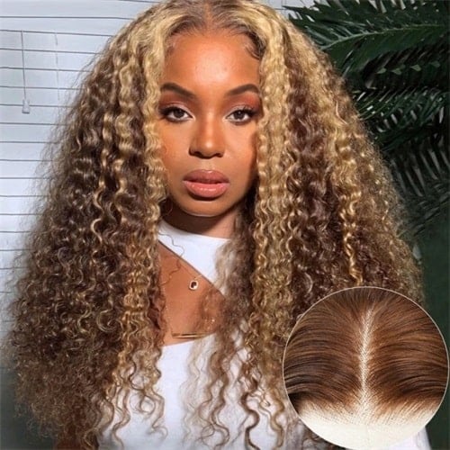 honey blonde curly wave highlight wigs 