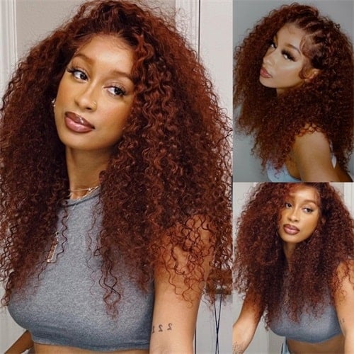 reddish brown 4x4 pre-cut lace closure curly hair wig