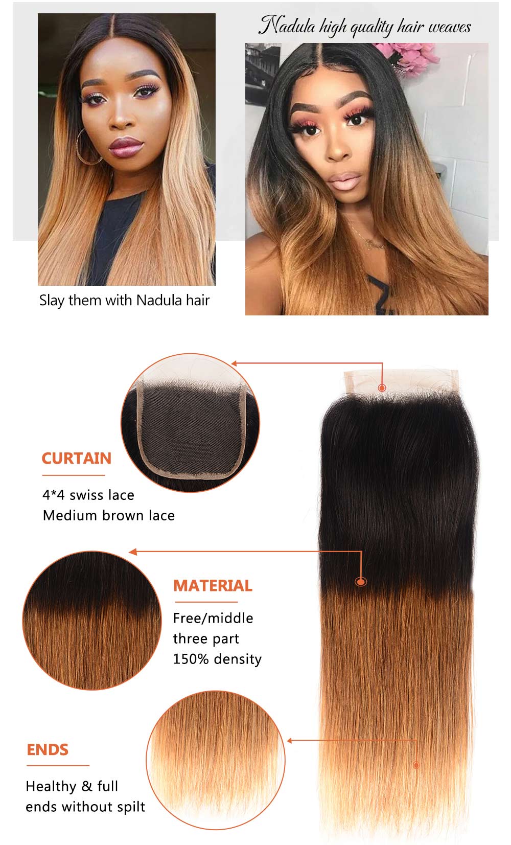 Ombre Free Part Lace Closure Straight 100% Virgin Human Hair