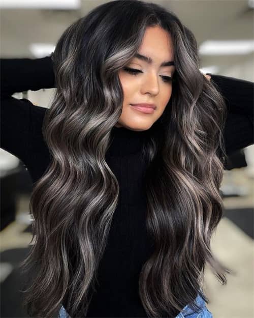 Grey Balayage with Silver Highlights on Black Hair